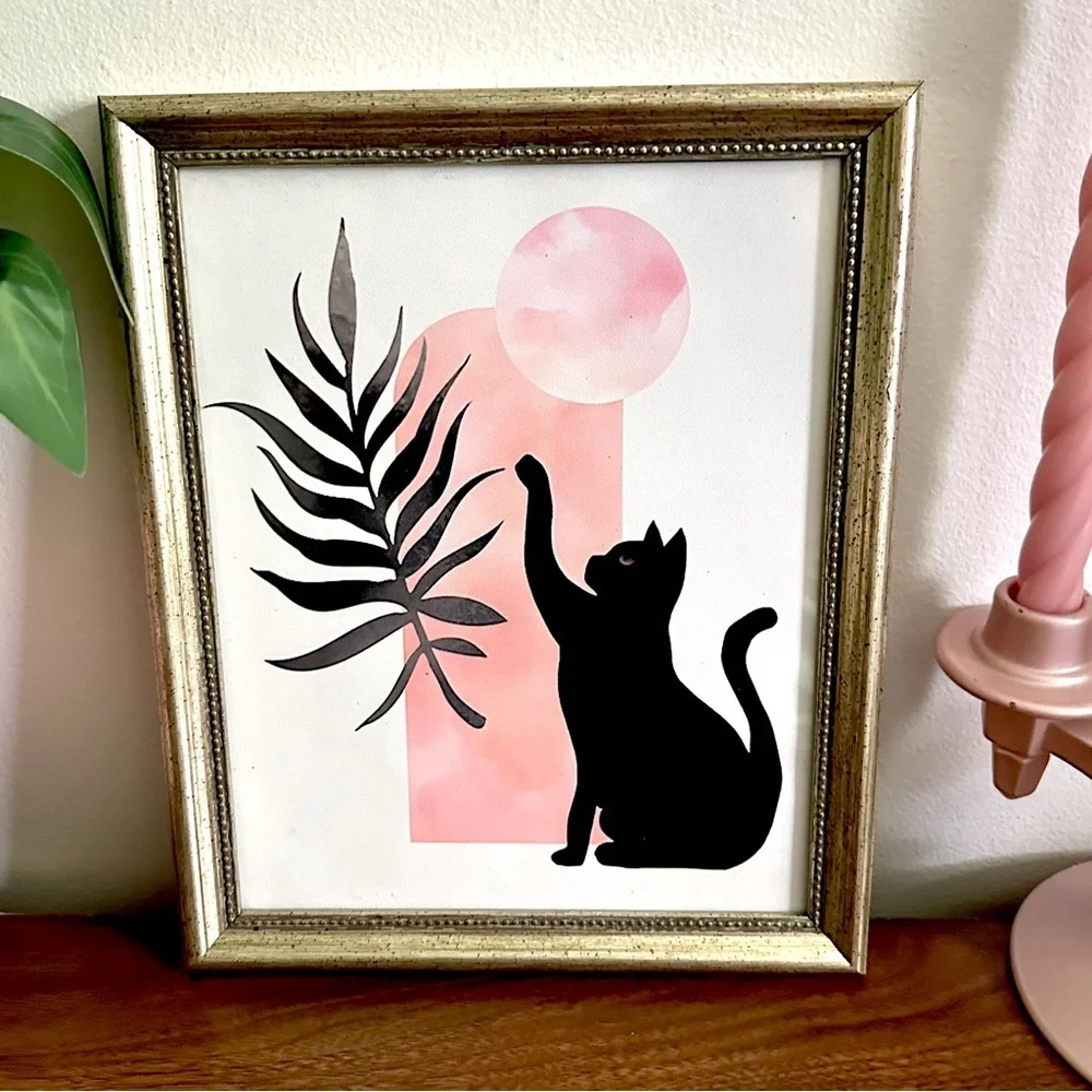 Pink Moon Black Cat Bohemian Leaf Pink Aesthetic Canvas Art Print Silver Framed